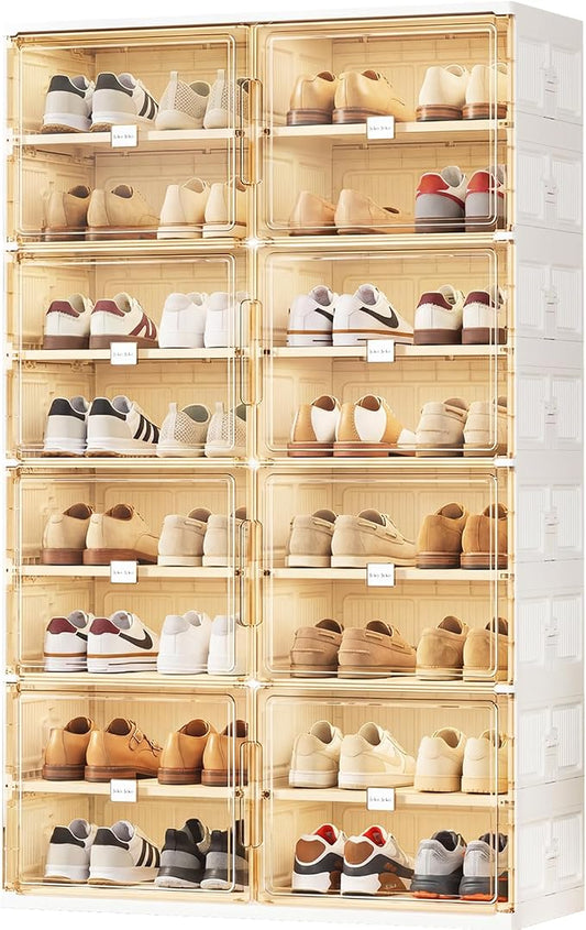 JEKO&JEKO 8 Tiers Foldable Shoe Rack Organizer Cabinet for Closet Entryway, Large Collapsible Shoe Storage Box with Magnetic Doors Fits Up to 32 Pairs (White)
