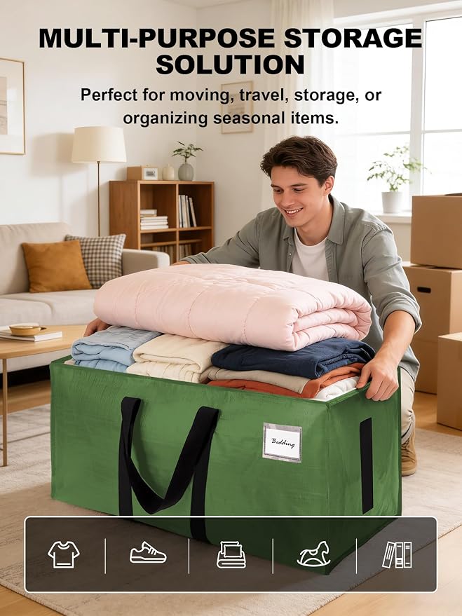 HOMESURE Supports 200lbs Heavy Duty Moving Bags - Strong Zipper & Wrap-Around Handles - Water-Resistant Storage Totes, Durable Alternative to Moving Boxes - 12 Pack - Olive Green