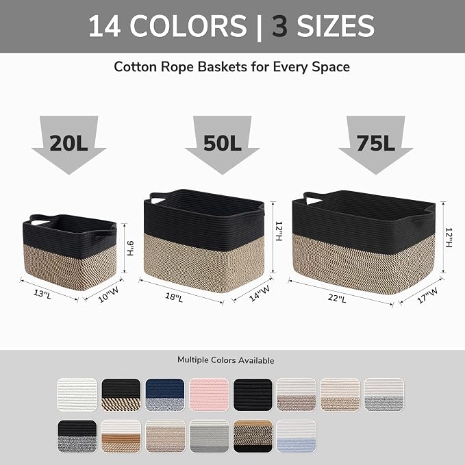Goodpick Cotton Rope Storage Basket for Shelves, 13" x 10" x 9", Black | Gift Basket for Books, Toys & Towels Storage, Living Room & Bedroom Organization, Built-In Handles, Stylish Home Decor