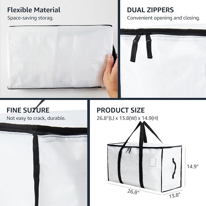 Moving Bags Heavy Duty Extra Large, Moving Boxes, Moving Supplies Essentials, Blue Storage Bins with Lids, Plastic Packing Totes, Storage Bags for Clothes with Handles & Zippers(White, 6 Pack)