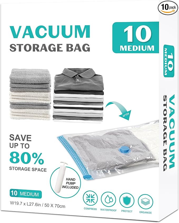10 Pack Medium Vacuum Storage Bags Seal Bags for Bedding Clothing Compression Bags for Travel Blankets and Comforters Hand Pump Included