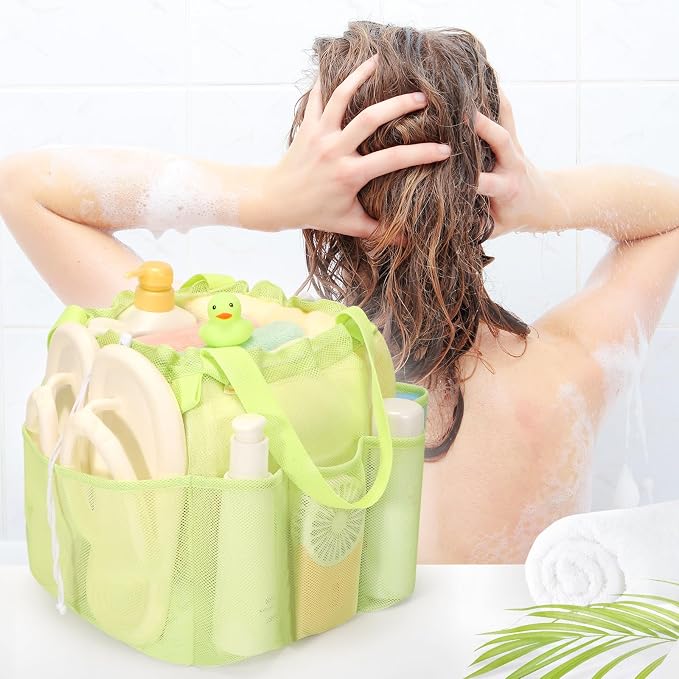 famichan Mesh Shower Caddy Portable with Drawstring, Dorm Room Essentials for College Students Girls & Boys, Large Shower Bag for Camping,Swimming,Gym,Travel,Bathroom - Green