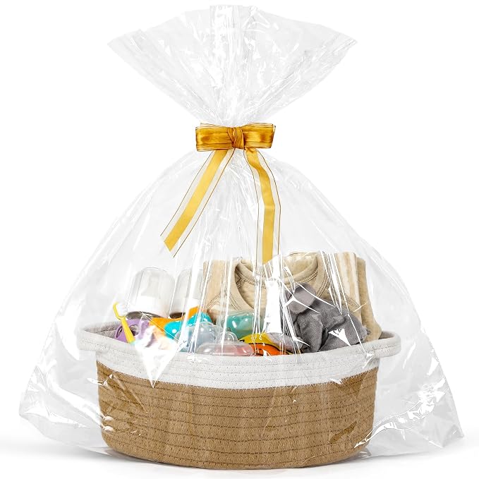 LANDNEOO Small Woven Basket with Gift Bags and Ribbons, Empty Decorative Gift Chest Box, Cute Baby Gift Basket for Nursery, Cotton Rope Room Shelf Storage Basket with Handles, 12"x 8"x 5", Yellow