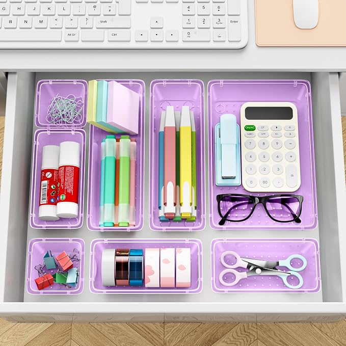 12 PCS Drawer Organizer Set, Makeup Organizers, Tool Storage Trays, Pueple | 4 Sizes, Plastic, Stackable, Multiple Gadgets, Desk Drawer Divider Organizers, for Makeup, Office Supplies Storage
