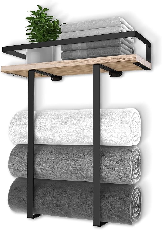Xstydes Towel Racks for Bathroom Wall Mounted, Metal Towel Holder with Wooden Shelf for Folding Large Towels, Towel Storage for Small Bathroom Organizer Decor or RV Camping