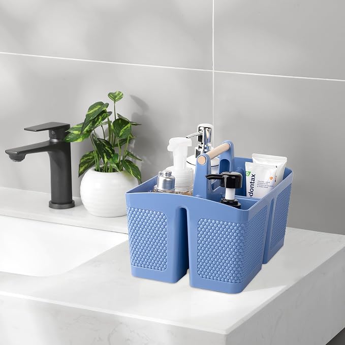 Plastic Shower Caddy, Portable Shower Basket with Handle, Dark Blue | Cleaning Caddy Organizer for Bathroom, College Dorm Room Essentials, Storage Tote