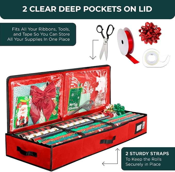 HOLDN’ STORAGE Premium Wrapping Paper Storage Container, Red/Black Trim | Durable 600D Tear-Proof, Fits 27 Rolls Gift Wrap, Extra Pockets for Ribbons & Bows, Underbed Storage