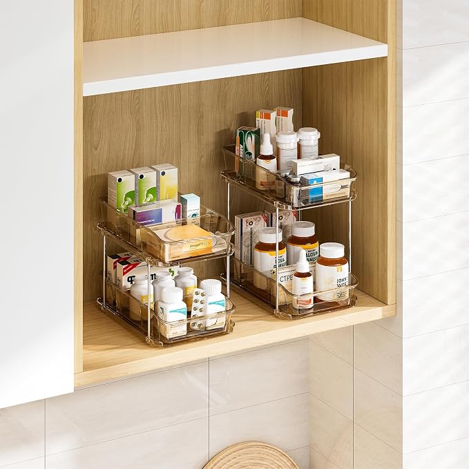 Delamu 2-Tier Under Sink Organizers and Storage, Multi-Purpose Stackable Bathroom Cabinet organizers, Pull Out Kitchen Pantry Organization and Storage with Dividers(4 Pack, Amber)