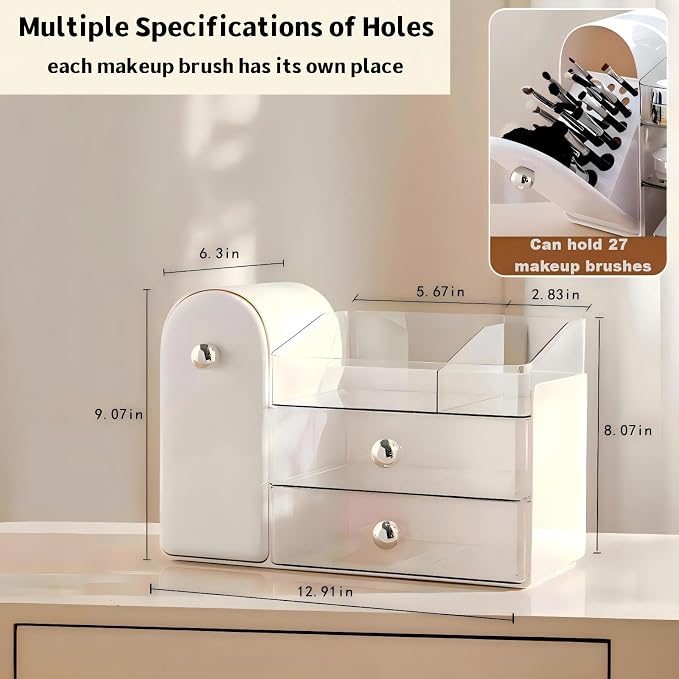 Makeup Organizer for Vanity with Brush Holder,Skincare Organizer | Large Makeup Storage,Bathroom Counter Organizer,Waterproof,Dustproof,Vanity Organizer Countertop,Durable,Easy-Clean,White