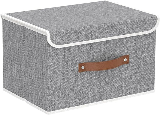 Yawinhe Collapsible Storage Boxes,Grey,10.2x7.9x6.7in,1-Pack | Fabric Storage bin with Lids, Washable Cube Organizer Basket; Container with Leather Handle,Closet Organizer for Home