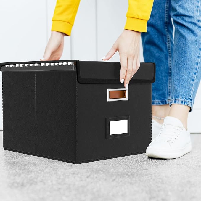File Organizer Box with Lids, Collapsible File Folder Organizer | File Box with Plastic Slides for Document, Filing Bin for Letter Size Hanging File Folders (4 Pack, Black, Leather)