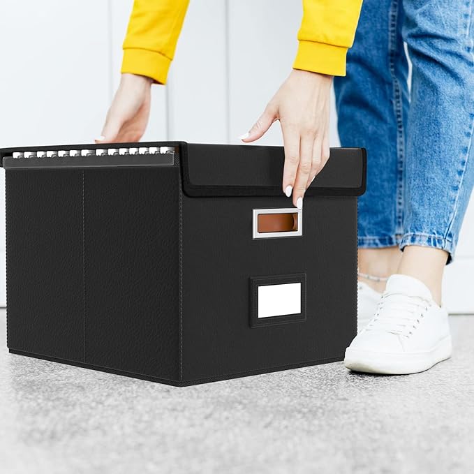 File Organizer Box with Lids, Collapsible File Folder Organizer | File Box with Plastic Slides for Document, Filing Bin for Letter Size Hanging File Folders (2 Pack, Black, Leather)