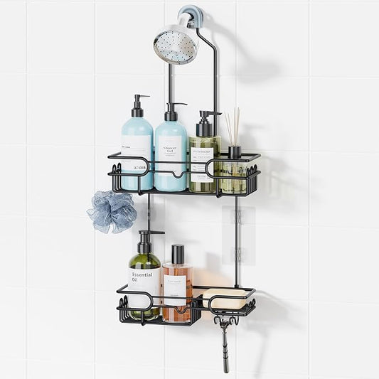 HapiRm Hanging Shower Caddy Organizer - Bathroom Organizer with 12 Hooks and Soap Holder, Rustproof Shower Shelf over Shower Head - Black