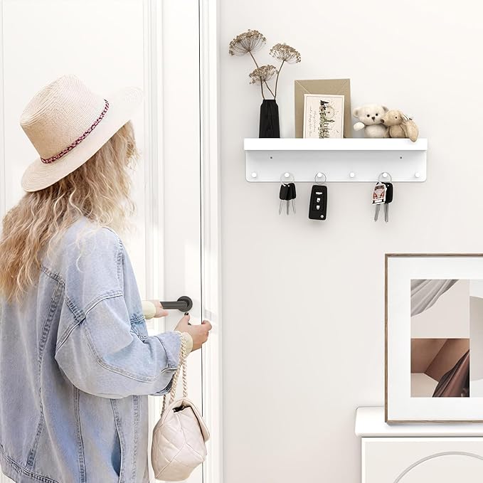 MKO Key Holder Wall Mount, Adhesive Key Hanger with 6 Hooks for Wall, White | Metal Material, Key Rack with Shelf, Wall Mount, Mail Organizer Tray, Suitable for Entryway, Hallway, Living Room