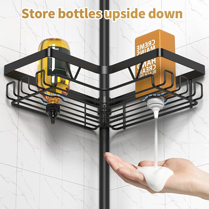DAOYA Corner Shower Caddy - 4-Tier Shower Caddy Tension Pole with 2 Removable Soap holders Bathroom Shampoo Holder for Bathtub & Corner, Black, Floor to Ceiling 25-114.2 inch