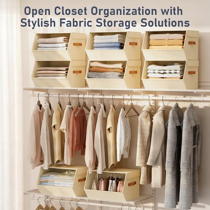 Stackable Closet Organizers and Storage Bins, Open Front Closet Shelf Organizer System With Steel Frame, Clothes Storage Basket Fabric, Collapsible Closet Drawers for Wardrobe, Nursery ,Toy, 6 Pack