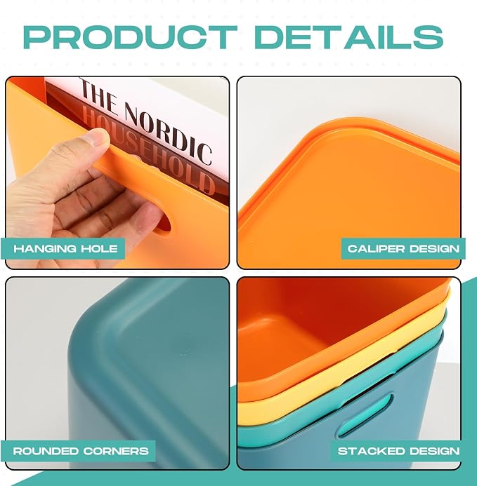 8 Pieces Colorful Storage Bins with Lid, Plastic Storage Basket Organizing Container Stackable Box with Handle for Shelves Desktop Playroom Office(16.1 x 12.0 x 9.7 Inch,Multi-colored)