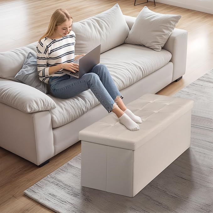 ZenStyle 43Inches Storage Ottoman Bench, Folding Footrest Padded Seat, Storage Chest Long Shoes Bench with Divider, Holds up to 660 lbs, for Living Room, Entryway, Bedroom (Beige, 43 inches)