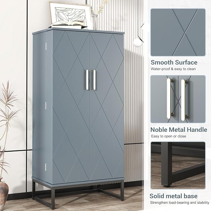 kepptory 51" Pantry Cabinet with Diamond-Patterned Doors and Golden Handles, Freestanding Kitchen Storage Cabinet with 17 Shelves, Tall Metal Base, Adjustable Feet, Grey