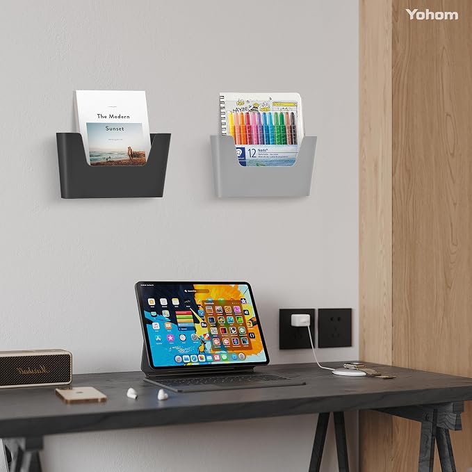YOHOM Adhesive File Holder Plastic Document Folder Door No Drilling Mount Mail Magazine Organizer A4 Filing Envelopes Folder, Office Wall Mount Single Pocket (GREY, 5 PCS)