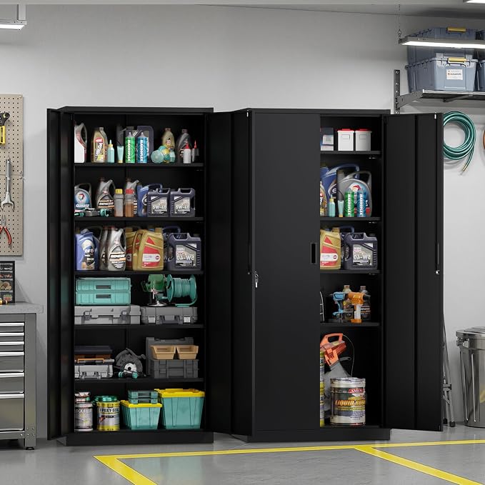 VINGLI Metal Garage Storage Cabinet with 2 Doors and 5 Adjustable Shelves, 71" Tall Steel Lockable File Cabinet, Locking Tool Cabinets for Home Office Garage Gym School (Black)
