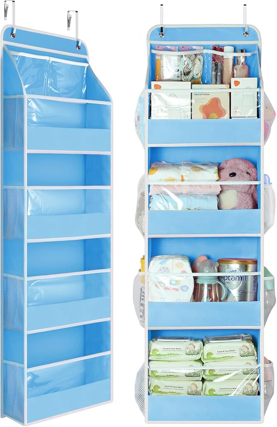Yecaye 5 Tier Over the Door Organizer, Swing-proof Door Organizer Hanging with Clear PVC Windows, Behind the Door Storage for Bedroom Nursery Closet Laundry Pantry Bathroom, Blue