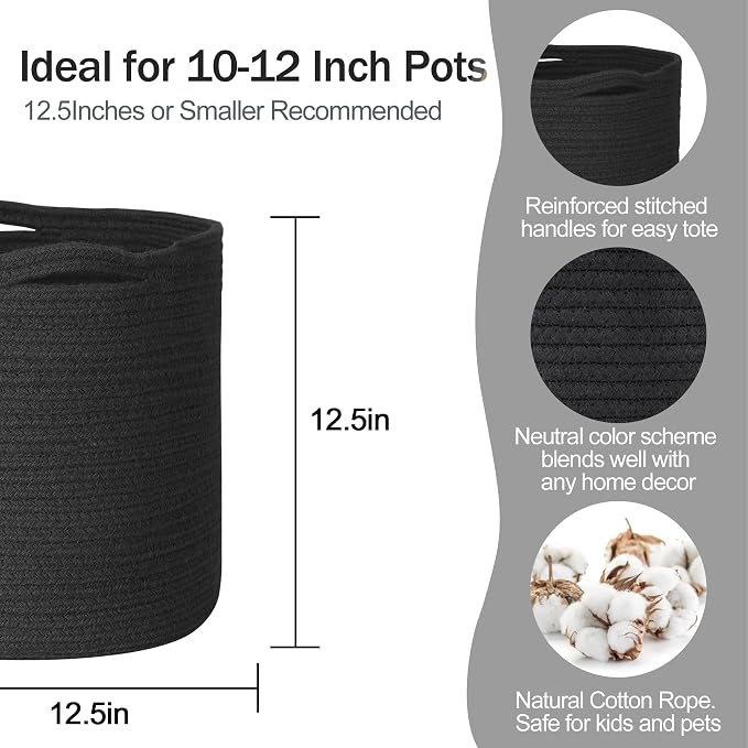 MEGASKET Cotton Rope Plant Basket, Woven Basket Planter for 11 inch Pot, Round Indoor Tree Pot Cover, Storage Bin Organizer, Modern Planter and Home Decor, 12.5”X12.5”, Black