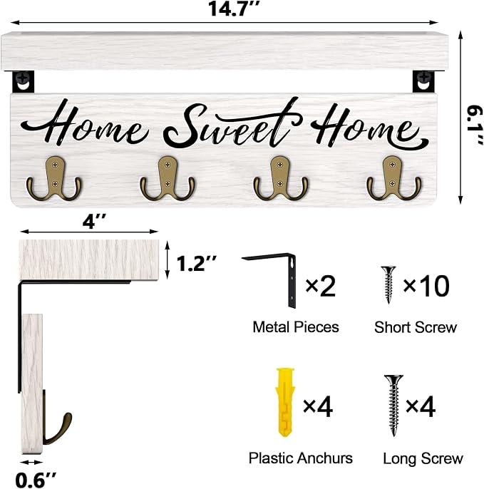 buways Key Holder Wall Mount with 8 Rustic Hooks and Cozy Home Sign(White) | Solid Wood,lots of colors, Floating Shelf for Keys, Mail, and Daily Essentials in Entryways, Hallways or Home Decor