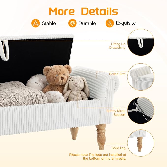 60" Storage Bench for Bedroom,End of Bed Bench with Storage | Corduroy King Size Bench with Rolled Arms,Storage Ottoman Benches for Living Room,Entryway,Benches for Foot of Bed,White