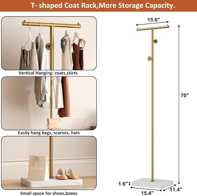 HOMEFORT Coat Rack, Freestanding Metal Coat Racks, T-Shape Clothes Hat Stand with 2 Hooks for Closet, Bedroom, Entryway, Living Room, Gold