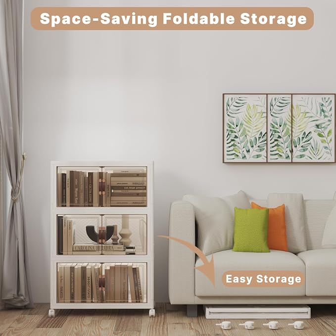 Stackable Storage Bins with Lids, 156QT Closet Organizers and Storage Cabinet with Doors & Wheels, Lockable Plastic Foldable Drawers for Bedroom Dorm Office Garage（52QT*3,White）