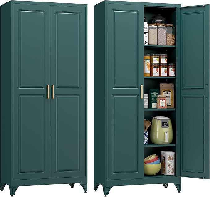 Polup 75" Pantry Cabinet, Tall Metal Storage Cabinet with Doors and Shelves | Green Kitchen Cabinet, 5 Adjustable Shelving, Heavy-Duty Steel, Gold Handles, 4 Standing Feet, for Garage Office & Laundry