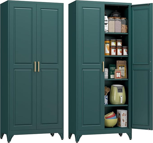 Polup 75" Pantry Cabinet, Tall Metal Storage Cabinet with Doors and Shelves | Green Kitchen Cabinet, 5 Adjustable Shelving, Heavy-Duty Steel, Gold Handles, 4 Standing Feet, for Garage Office & Laundry
