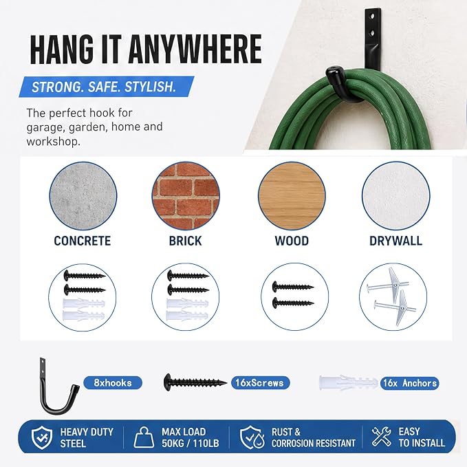 Heavy Duty Metal Wall Hooks Garage Organization Storage Hooks | Utility J Hooks, for Hanging Tool Coat, Ladders, Backpack Bag, Extension Cords, and Bags(8 Pcs - Black)