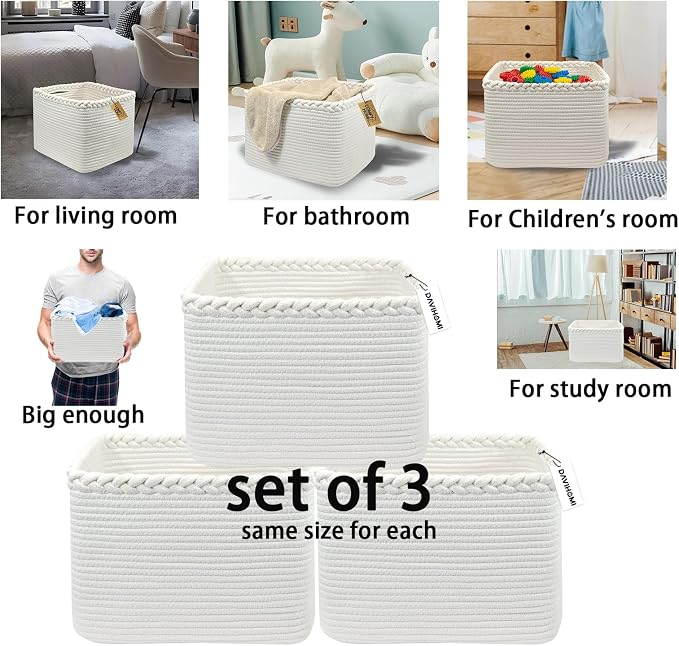 COMFY-HOMI 3PACK Cotton Rope Square Basket with Handles for Shelves| Storage|Baby Basket for GIF|Shoe Basket for Organizing|New13.5" x 11" x 9.5" for Living Room