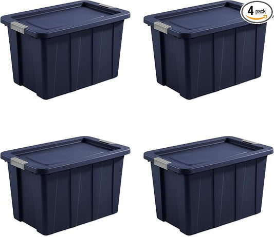 Sterilite Latching Tuff1 Tote Containers w/Lids, 30 Gallon, 4-Pack | Dark Indigo, Large Plastic Storage Bins - Heavy-Duty Stackable Organizer Boxes for Home, Office, Basement, Closet, & Garage