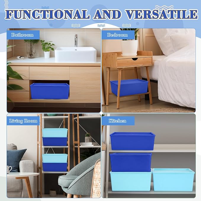 6 Pcs Large Plastic Storage Bins with Lids 14.4 x 10.4 x 5.1 Inch Stackable Storage Containers Decorative Cubby Organizer for Clothes Shelves Garage Closet Office (Blue Series)