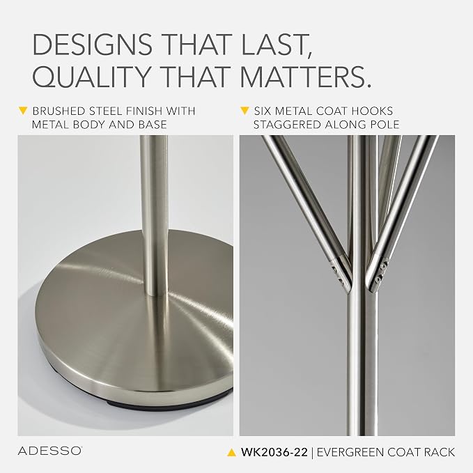 Adesso Coat Rack, Brushed Steel, 6 Hooks, Space-Saving, 67" | Evergreen Entryway Coat Rack for Organizing Coats, Bags, Purses, and Hats in a Foyer, Mudroom, Bedroom, or Office