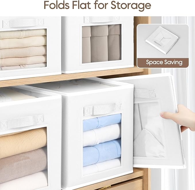 Storage Cube 11 Inch - Cube Storage Bins with Window, Closet Storage Baskets with Handle, Fabric Bins for Closet, Shelves, Toys, Clothes, Set of 12, White