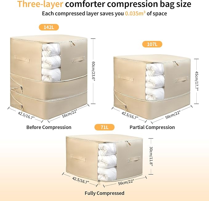 4 Pack Upgrade Comforter Storage Bag with Handle, Space Saving 3-Layer Adjustable In 3 Sizes (142L, 107L, 71L), Compression Blanket Storage Bags, Washable Bedding Organizer For Pillow Duvet Clothing