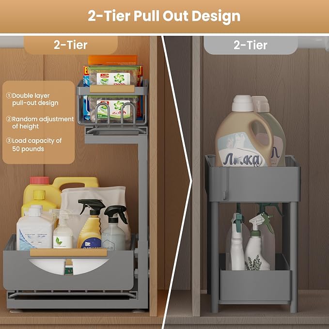 Under Sink Organizer and Storage 2 Tier Cabinet Pull Out Shelf Organizers | 2 Pack 2 Tier under sink storage for Bathroom and Kitchen Slide Out Drawer Organization for Home Cabinets Shelves and Drawers
