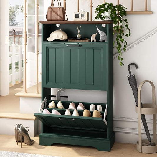 24" W Hidden Shoe Storage Cabinet with 2 Flip Drawers & Open Storage | Farmhouse Modern Shoes Rack Cabinet,Adjustable Shelves, Narrow Slim Shoes Organizer for Front Door Entrance, Entryway,Green
