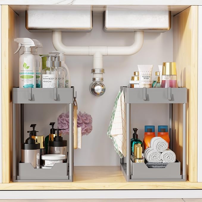 Simple Trending Under Sink Organizer 2 Pack, Sink Pull-Out Sliding Storage Cabinet, 2-Tier Under Shelf Organizer for Kitchen Bathroom, Grey