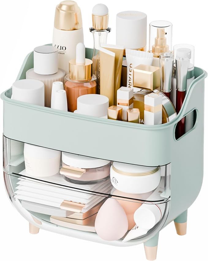 Green Make up Organizers for Counter,Vanity and Dresser,Bathroom Makeup Organizer Countertop,Large Makeup Storage Organizer for Hair Tool,Beauty Products,Skin Care and Cosmetic Display Cases