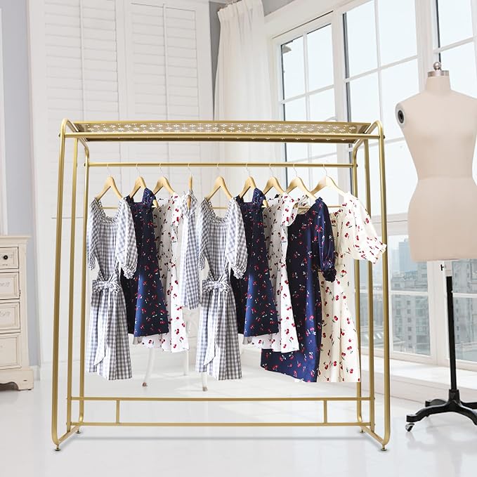 Gold Clothing Rack Heavy Duty, Metal Garment Rack with Top Shelf, Dual-bar Clothes Rack for Retail Display, Home Use