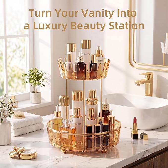 2 Tier Rotating Makeup Organizer for Vanity, Clear Bathroom Counter Organizer, Skincare Organizer and Perfume Organizer, Countertop Cosmetic Storage for Cabinet, Pantry and Kitchen (Gold)