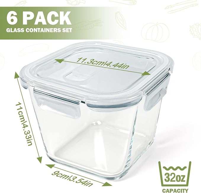 Borosilicate Glass Soup Containers with Lids, 4 Cup/32 oz, 6 Pack | Microwave Dishwasher Oven Freezer Safe | Airtight Leak Proof | Food Grade | Square Soup Meal Prep | Lunch | Food Storage Set