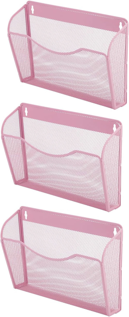 EASEPRES 3 Single Pocket Mesh Hanging File Organizer, Vertical Wall Mounted Magazine File Holder, Mount Basket Mail Paper Document Folder Organizing for Office, Home and School, Pink