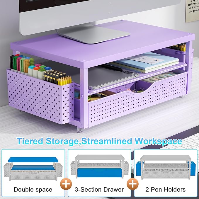 gianotter Desk Organizers and Accessories, Monitor Stand with Drawer and 2 Pen Holder, Desktop Organizer Suitable for Offices and Dormitories (Purple-Plain)