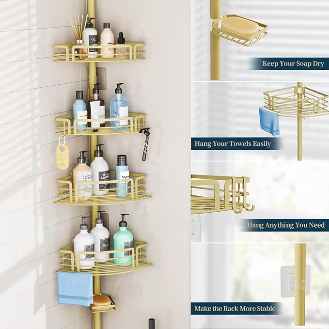 Consumest Corner Shower Caddy Tension Pole - Rustproof Shower Shelves with Towel Bar & Soap Holder, Adjustable Bath Organizer for Bathroom Storage, 27.6-108.3 inch, Gold